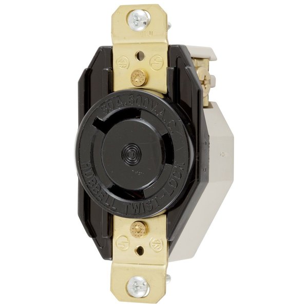 Hubbell Wiring Device-Kellems Locking Devices, Twist-Lock®, Industrial, Flush Receptacle, 30A 600V AC, 2-Pole 3-Wire Grounding, L9-30R, Screw Terminal, Black HBL2650